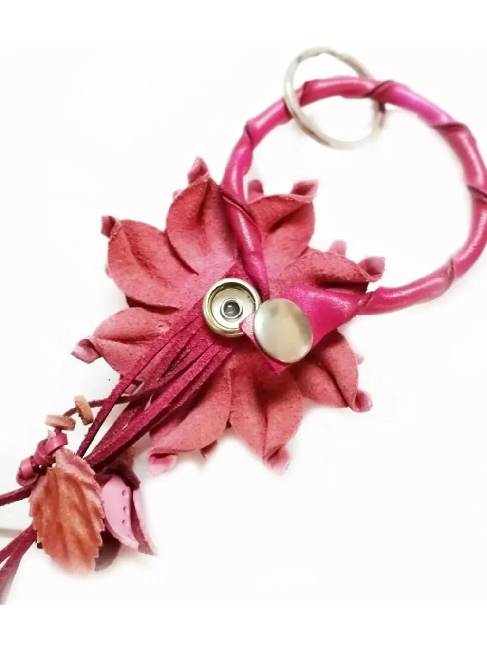 Handmade Genuine Leather Big Pink Dahlia Flower Keychain | Keyring & Wallet